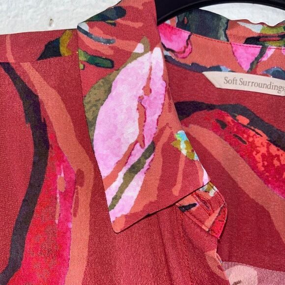 Women's Soft Surroundings Red Watercolor Floral Viscose Colllared Midi Dress Sm - Picture 12 of 13